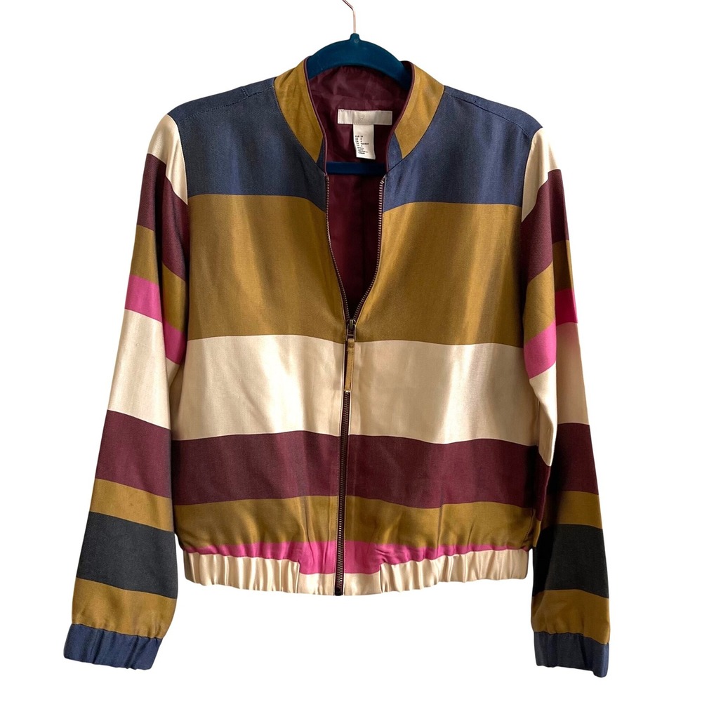 H&M Striped Bomber Jacket Womens 4 Multicolor Retro Zip Up Lightweight 172830